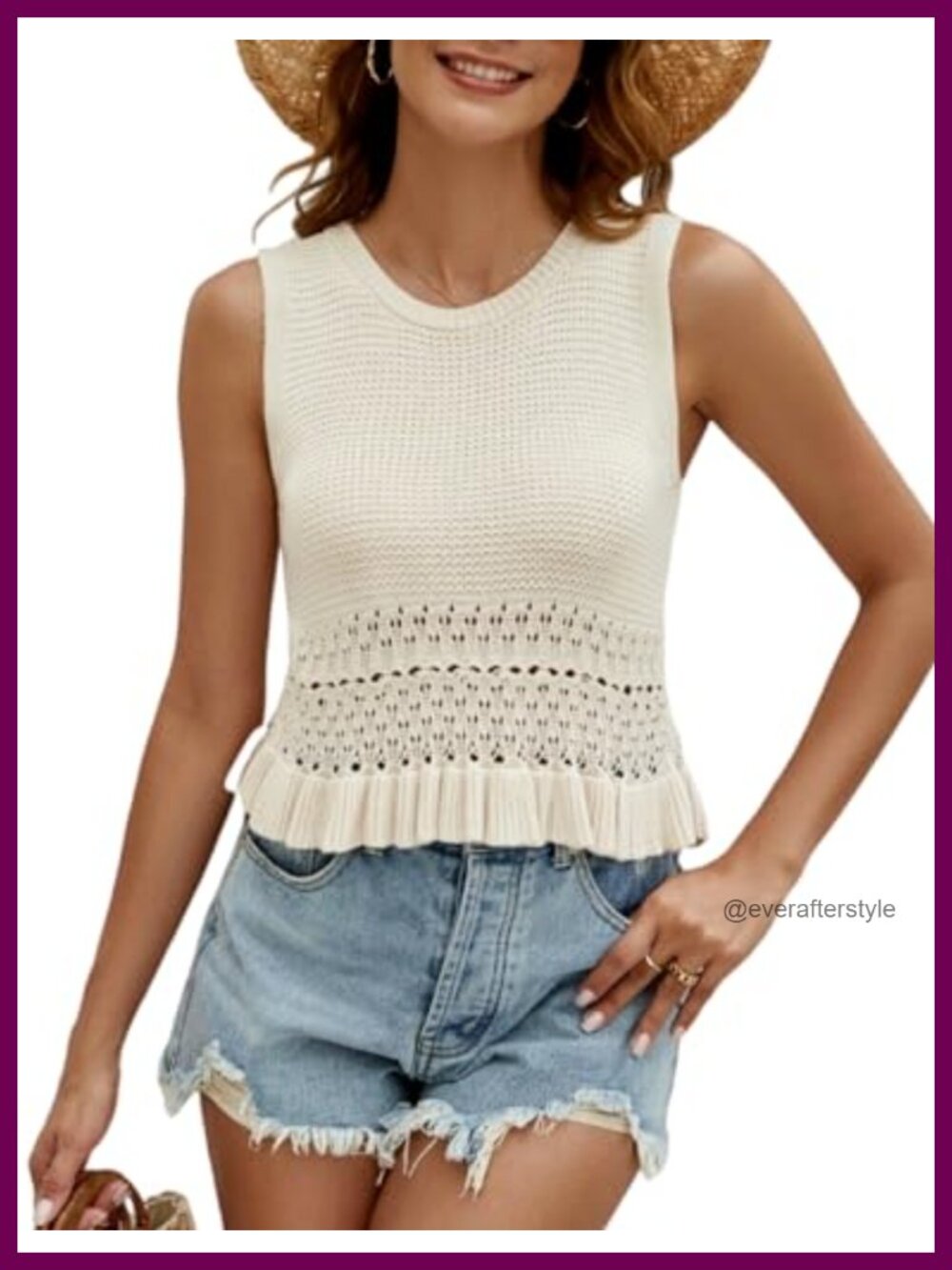 Crochet Crop Tank Top Sleeveless Knit Sweater Vest Ruffle Hem Summer Top